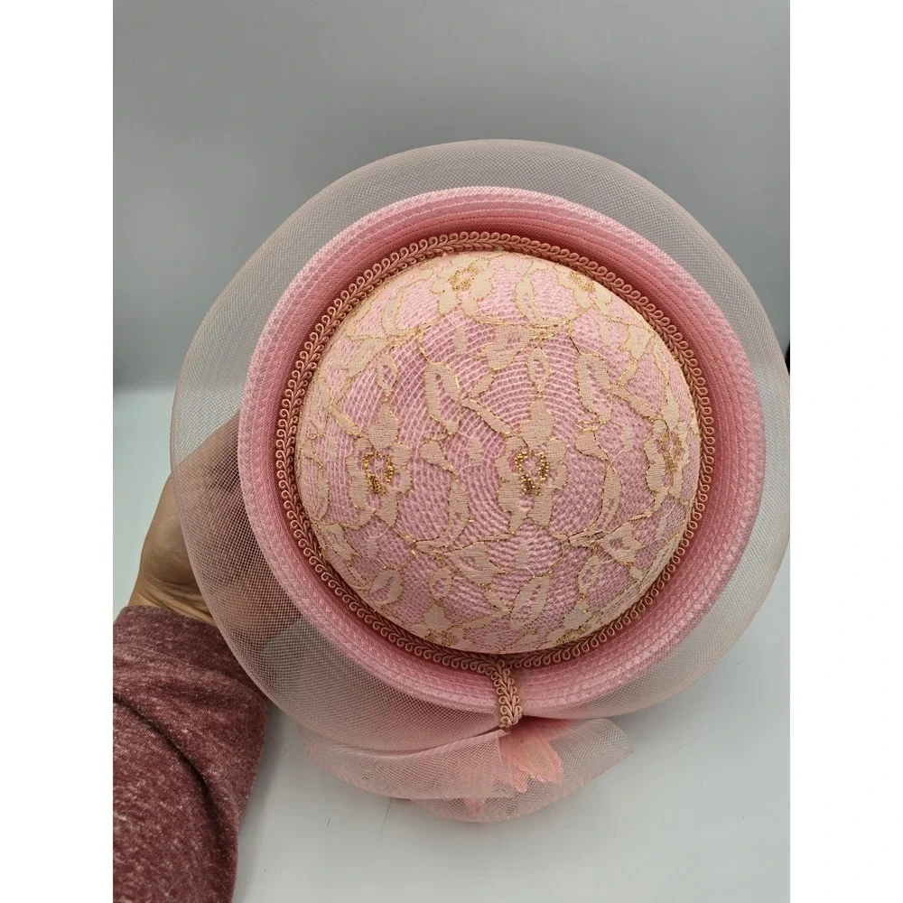 Mr Hi's Classic Pillbox Hat Womens OS Pink Good Sequin Lace Floral Church‎ Derby